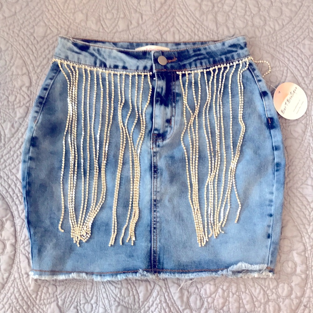 Rhinestone Fringe denim mini skirt